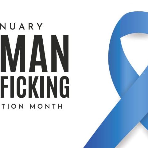 Image of a blue ribbon next to the text January Human Trafficking Prevention Month, highlighting the intertwined challenges of homelessness and human trafficking as we strive to act with compassion and Gods grace.